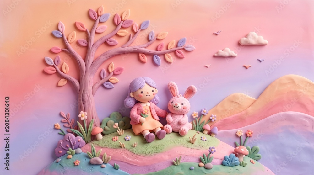 Fototapeta premium Two children, one girl and one rabbit, sitting on a hill with a tree and flowers, under a colorful sky with clouds and birds.