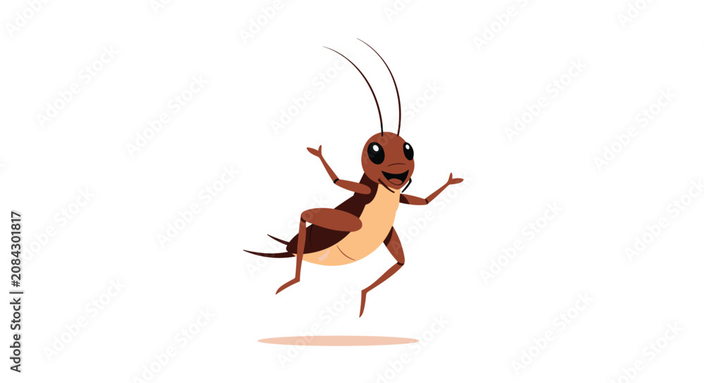 Fototapeta premium Cheerful cartoon grasshopper or cricket character jumping happily with wide arms isolated on white background.