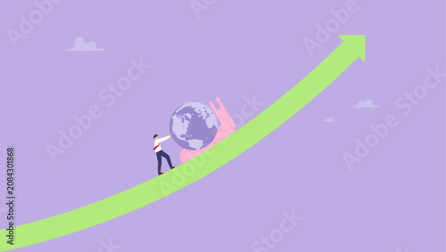 Cuadro en lienzo Businessman pushing slow snail with the earth on GDP growing arrow metaphor of world economy