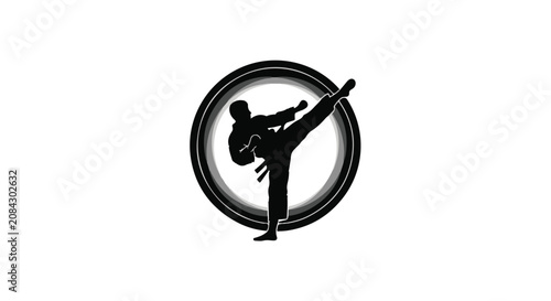 Martial artist performs a powerful high kick inside a circular graphic emblem design.