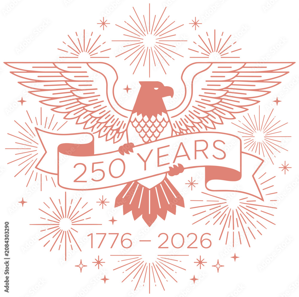 Obraz premium Eagle bird with 250 years anniversary ribbon vector illustration for historic celebration.