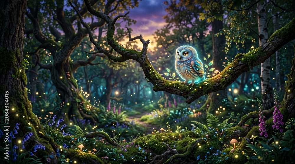 Obraz premium Small glowing owl perched on a mossy tree branch in a magical enchanted forest at twilight time