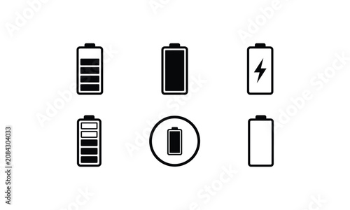 Set of battery charge levels icons for mobile devices and tools.