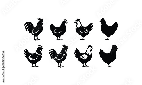 Tableau sur toile Set of black chicken icons rooster hen farm poultry birds silhouettes