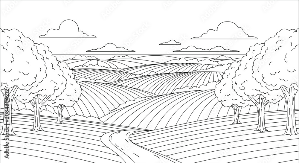 Fototapeta premium Countryside road through rolling agricultural fields and hills with trees outline coloring book page vector.