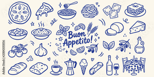 Fotografía Italian food doodles in blue ink on a cream background celebrating a delicious m