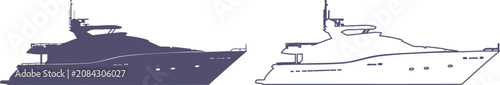 Photos Side view silhouette and line outline of a luxury motor yacht, dark purple vesse
