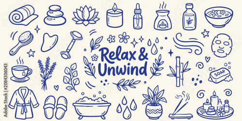 Photos Relax and Unwind spa elements with floral accents in a hand-drawn doodle style o
