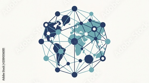 Interconnected network nodes overlaying a stylized world map representing global digital communication connectivity and data exchange in a modern minimalist graphic design concept for tech business