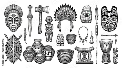 Εκτύπωση καμβά Tribal Artifacts Collection: Masks, Pottery, Weapons, and Headdress