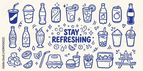 Fotografie Various cold drinks and fast food items drawn in a simple doodle style on a ligh