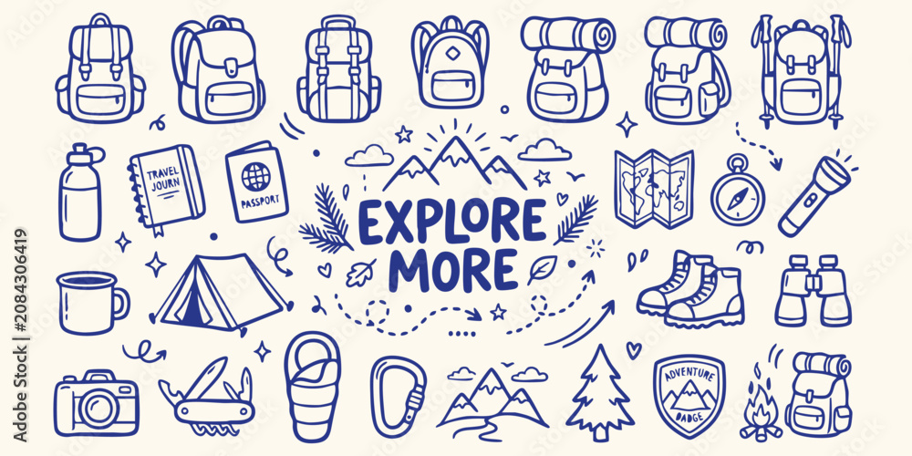 Fototapeta premium Whimsical doodle collection of outdoor adventure gear and camping essentials with inspirational 'Explore More' text on a light background