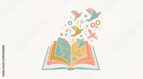 Open book with flying origami birds and educational symbols in pastel colors for creative learning concepts and storytelling illustration on a clean minimalist light background for design projects