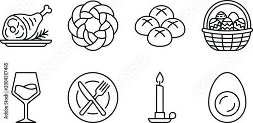 Tableau sur toile Line art icons depicting ham challah bread rolls easter basket wine cutlery proh