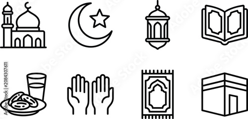 Fotografija Islamic Symbols And Religious Elements Line Icons Set On A White Background arab