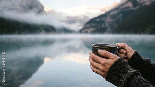 Hands holding a steaming mug overlooking a misty mountain lake
