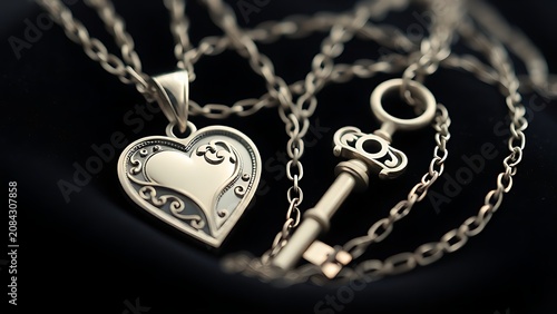 Heart pendant and key pendant tangled on dark velvet, elegant composition with soft focus.