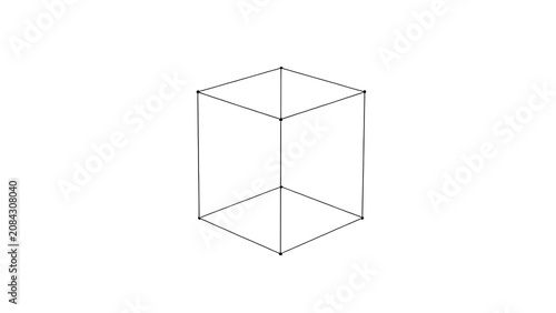 A minimalist 3D wireframe cube constructed from fine black lines on white.