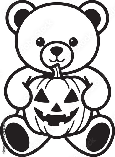 A cute teddy bear is holding a Jack-o'-lantern in black and white, a simple graphic illustration perfect for Halloween themes.