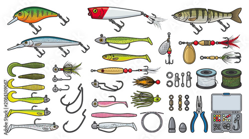 Fishing Lures and Tackle Collection: Diverse Baits, Hooks, and Tools