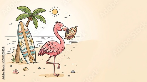 Pink flamingo holding a seashell on a tropical beach with surfboard