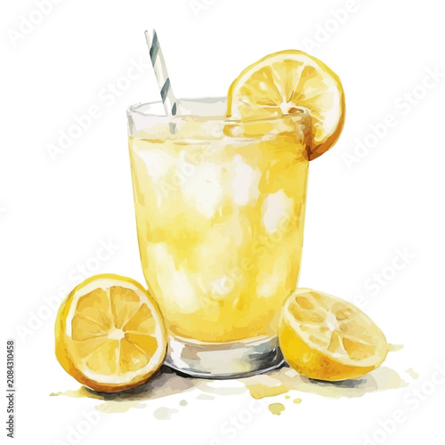Fényképezés Lemonade, charming vector painting in watercolor with whimsical textures, isolated on a white background