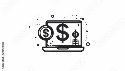 Laptop with money and finance symbols.