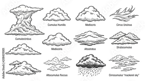 Bild auf Leinwand Cloud Types Illustration: Cumulus, Cirrus, Stratus, Cumulonimbus, Altocumulus
