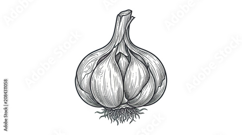 Foto Hand-drawn sketch illustration of a garlic bulb with roots on white background