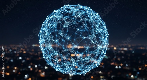 Glowing blue network sphere on cityscape at night