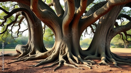 Three ancient oak trees growing together with intertwined roots visible.
