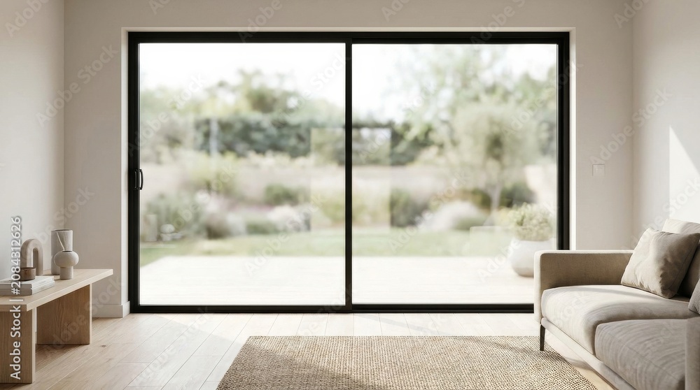Fototapeta premium Contemporary living room featuring expansive sliding glass doors that open to a vibrant garden landscape