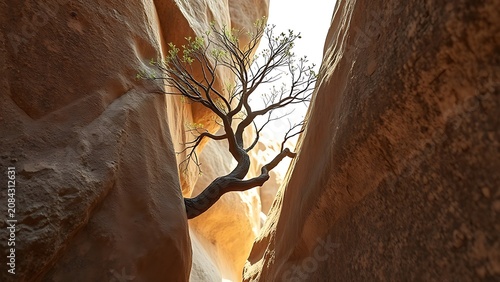 A small tree growing from a crack in a large rock, sparse leaves in harsh environment.