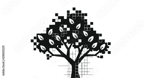 Tree icon represents digital nature through a blend of pixels and organic leaves.