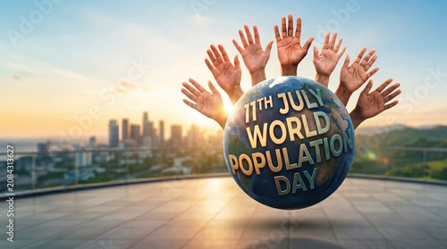 The diverse hands reaching toward a planet Earth for World Population Day, editorial concept for global population growth and unity