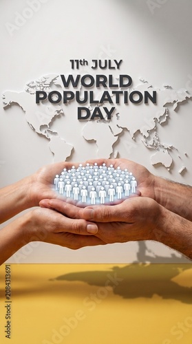 The human hands cradling diverse miniature figures on a world map wall for World Population Day, global community connection concept
