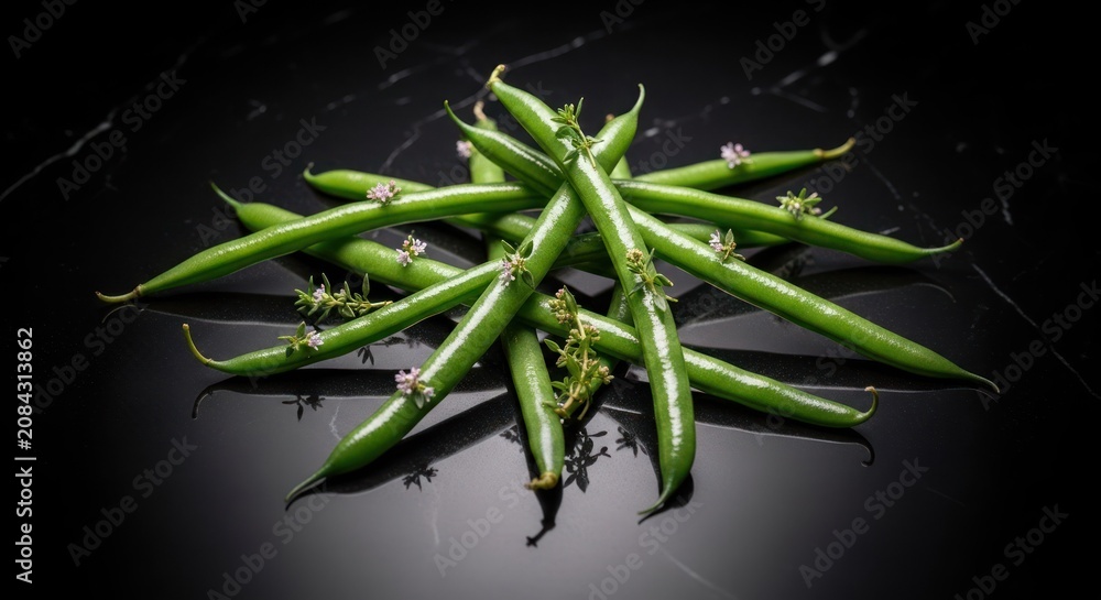 Fototapeta premium Fresh green beans with delicate blossoms are artfully arranged on a reflective dark surface