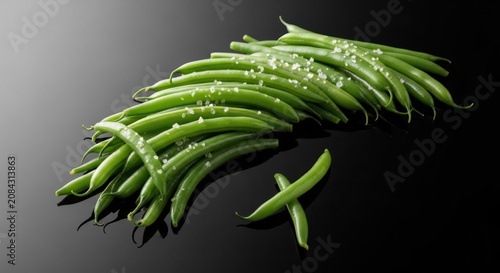 Fresh green beans lightly sprinkled with coarse salt rest upon a dark reflective surface.
