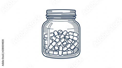 Foto Jar filled with various pills and capsules illustration.
