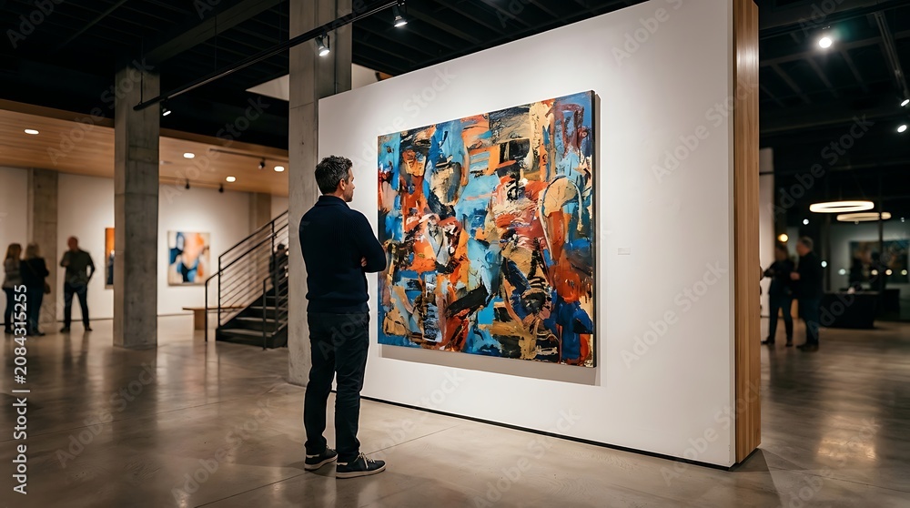Fototapeta premium Man looking at large abstract painting in modern art gallery