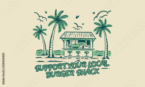 Photography Vintage hand drawn illustration of a tropical burger shack on a beach with palm