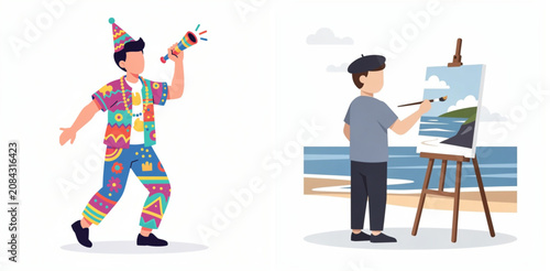 Clown entertaining artist painting seascape at beach