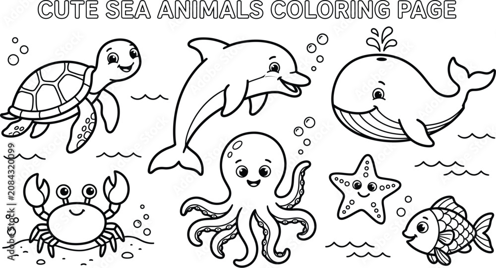 Fototapeta premium Kids drawing sea animals on coloring page