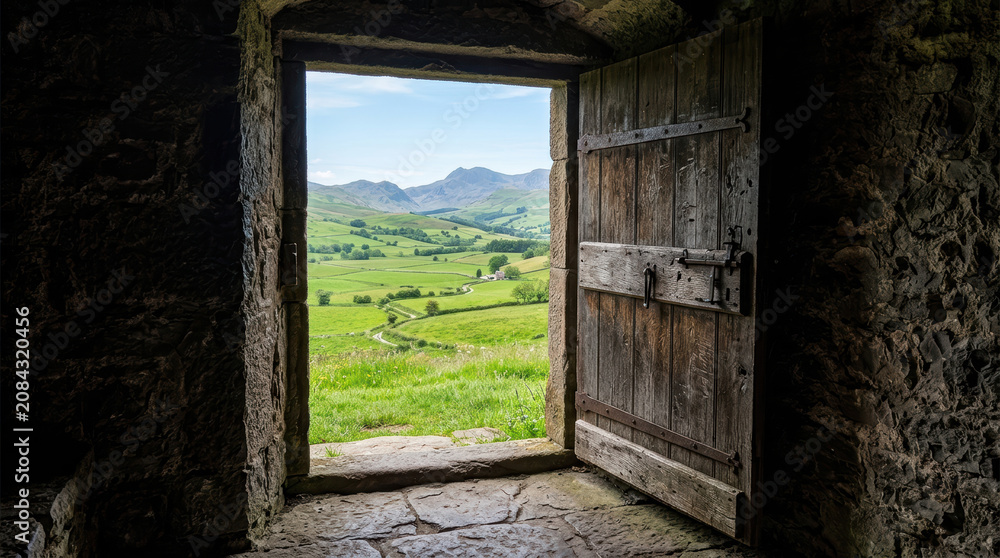 Fototapeta premium Open wooden door green field stone wall mountain landscape countryside rural scene natural light old doorway peaceful view stone floor valley