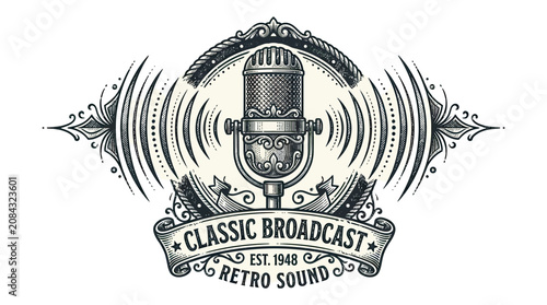 Fotografía Vintage Microphone Retro Broadcast Emblem - Classic Soundwaves Design