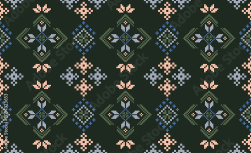Cross Stitch Pattern concept folk embroidery seamless texture, rustic ornament motif. Design for: fabric, fashion, decor, blanket. Pattern charm woven art. I drew this by myself, it’s not AI generated
