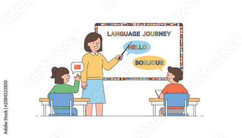Female school teacher pointing at whiteboard during class lesson to teach young children English and French language.