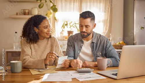 Serious diverse couple sitting at home dining table reviewing financial documents calculating household budget and managing family expenses