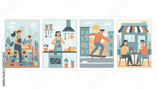 Four colorful panels illustrating diverse daily activities including gardening, cooking, skateboarding, and meeting at a cozy cafe.