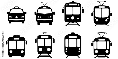 Fotografie Public transportation vehicle black silhouette icon collection featuring taxi, c
